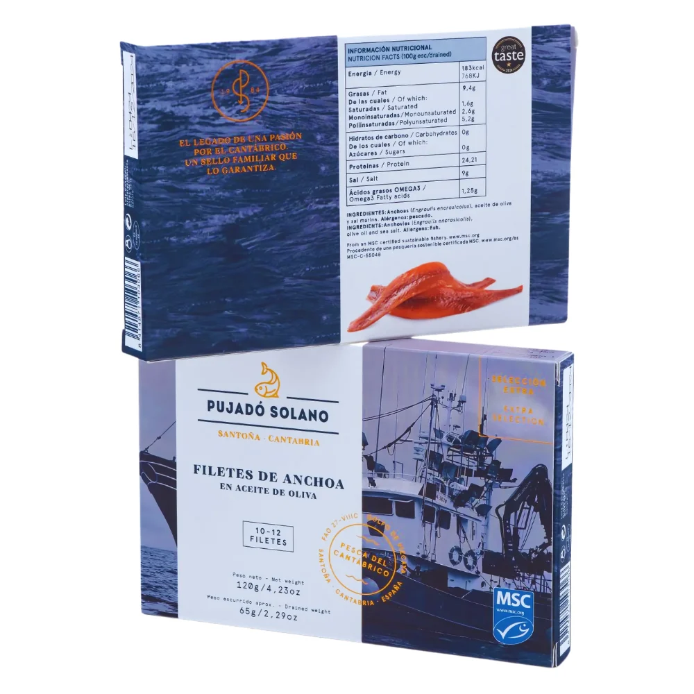 Pujado Solano anchoas y boquerones en lata de 120 Lima españa